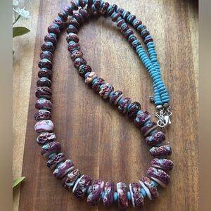 Sterling Silver Graduated Purple Spiny Oyster Turquoise Pearls Bead Necklace 26”